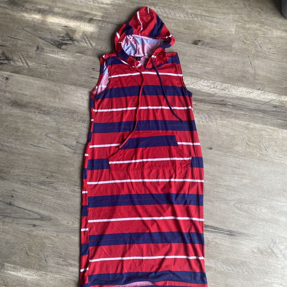 Love Knee Length Hooded Dress XL Blue Red Striped Casual Comfortable